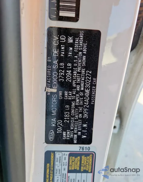 2021 Kia Forte Fe из США, поврежденный, VIN 3KPF24AD4ME302272